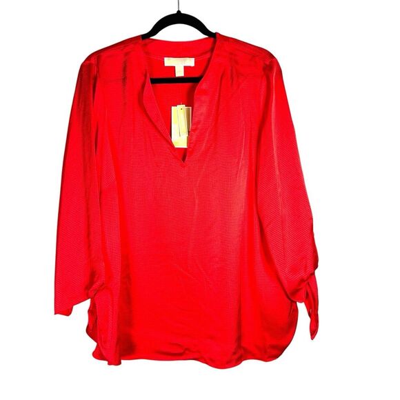 MICHAEL Michael Kors Solid Satin Tie Sleeve Split V-Neck Woven Blouse Size XL - Picture 2 of 13